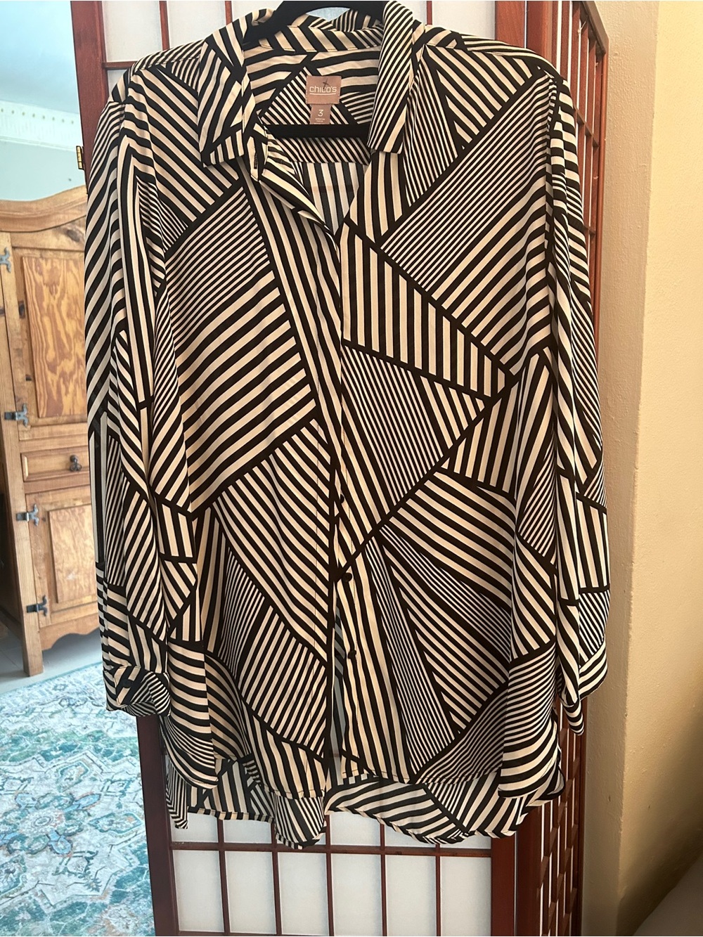 Chico's Black and White Graphic Stripe Button-Down Shirt